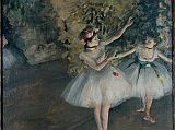 Courtauld 03 Edgar Degas - Two Dancers on a Stage 3. Edgar Degas - Two Dancers on the Stage. 1874, 62 x 46 cm. Degas gives no indication of whether we are watching a performance or a rehearsal of the two dancers, who are in standard ballet positions. At the far left is a third dancer, her figure cut by the frame. The ballet, with its precision of movements, fascinated him, but he always presented it in ways which revealed its artificiality, by including other extraneous elements � figures which do not watch the dancers, waiting dancers scratching themselves, or dancers who play no part in the main action, like the figure on the left here.